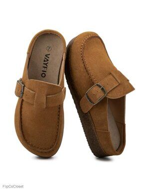 Full-Grain Suede Buckle Clogs Non-Slip Platform Mules Slip-On